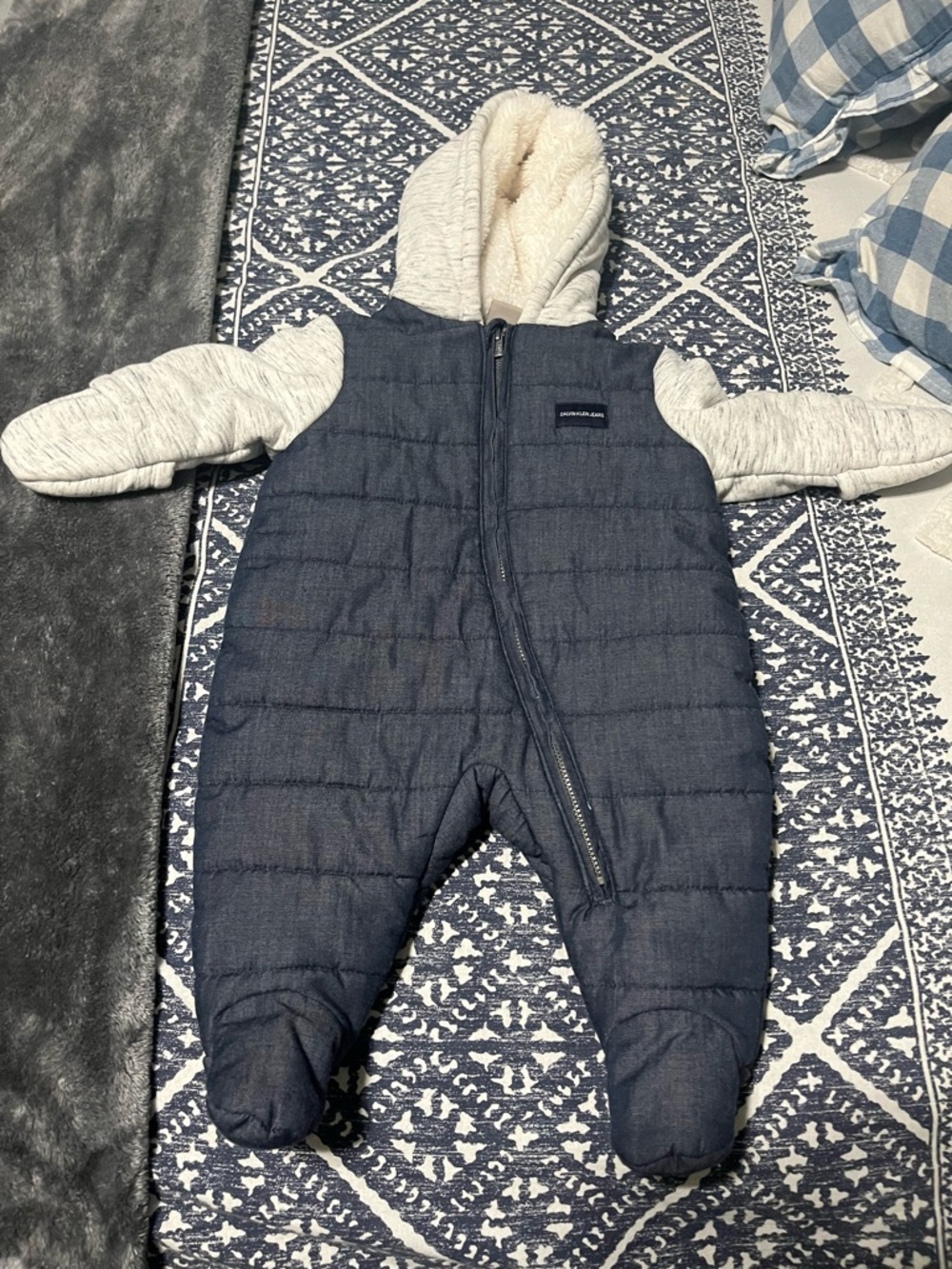 Calvin Klein Jeans Navy Puffer Snowsuit with Heather Gray Hood & Sleeves - Picture 3 of 8